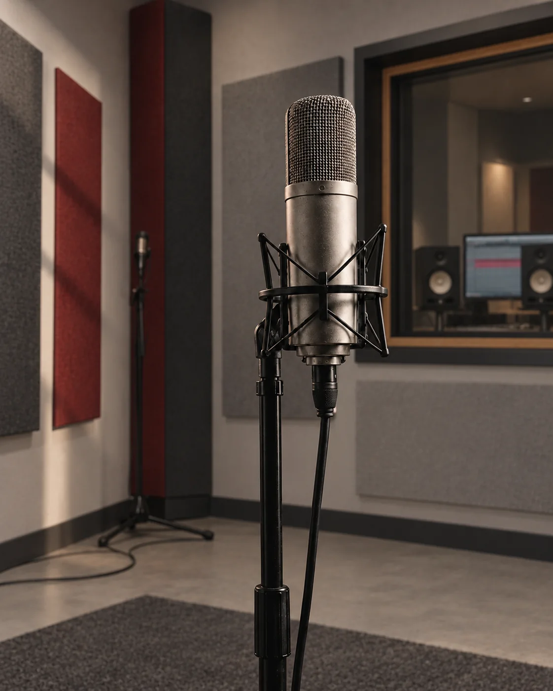 Microphone de studio sur pied, dans une ambiance sombre